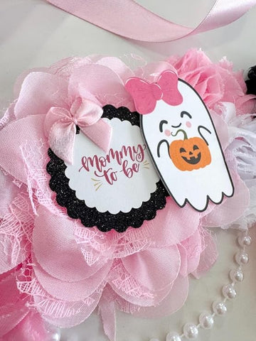 Pink Ghost “A Boo is Due” Baby Shower Sash & Pins – Halloween Mom-to-Be Set
