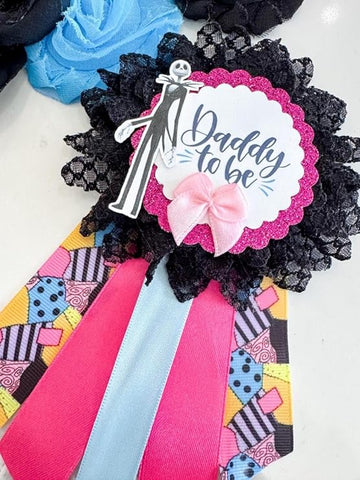Spooky Baby Shower Sash – Mom to Be Maternity Sash with Matching Dad Pin, Gothic Halloween Party Accessory
