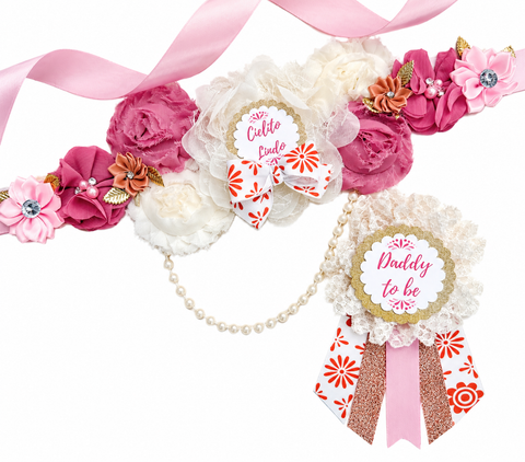 Cielito Lindo Baby Shower Sash & Daddy-to-Be Pin Set – Pink Mexican Fiesta Theme