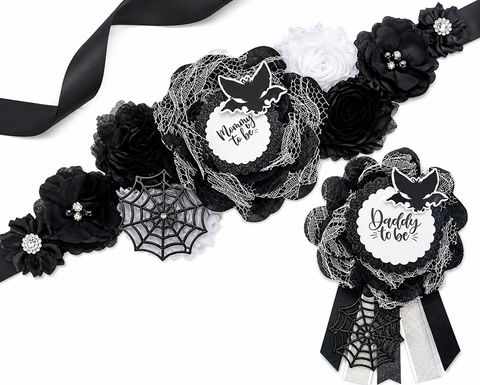 Black Bat Mommy to Be Sash & Daddy to Be Pin – Gothic Halloween Baby Shower Set
