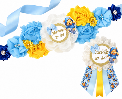 Winnie the Pooh Mommy to Be Sash & Daddy to Be Pin – Baby Shower Set
