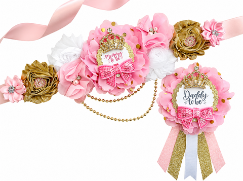 Pink and Gold Princess Mommy to be Baby Shower Maternity Sash