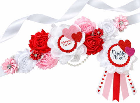 Valentine’s Sweetheart Mommy to Be Sash & Daddy to Be Pin Set – Red Pink White Baby Shower Gender Reveal Decorations