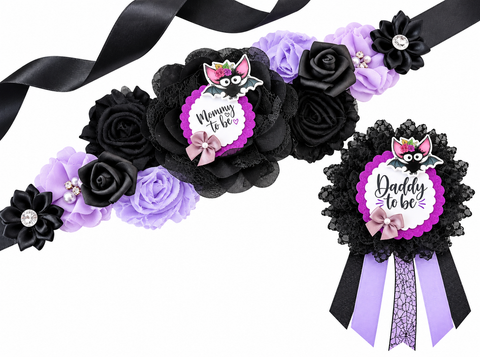 Halloween Bat Baby Shower Sash & Daddy To Be Pin Set – Purple & Black Mommy To Be Sash – Spooky Baby Shower Decorations & Parents To Be Gift