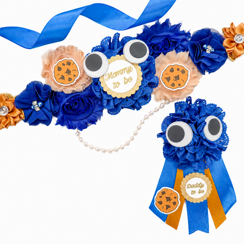 Cookie Monster Mommy to Be Sash & Daddy to Be Pin Set – Blue & Brown Cookie Baby Shower