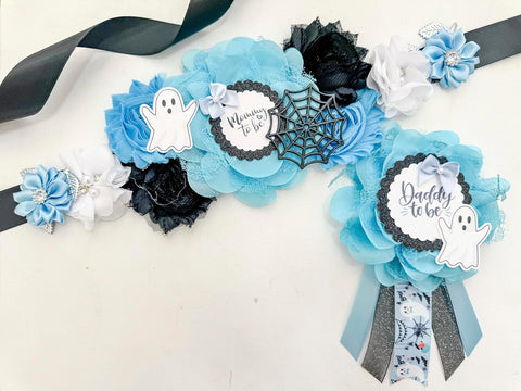 Blue A Boo is Due Ghost  Baby Shower Mommy to be Sash