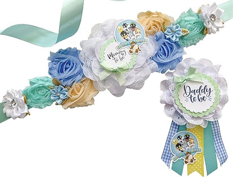 Looney Mom To Be Sash & Daddy To Be Pin – Blue & Mint Tunes Baby Boy Shower Decorations, Gender Reveal Party Accessories, Parents To Be Keepsake