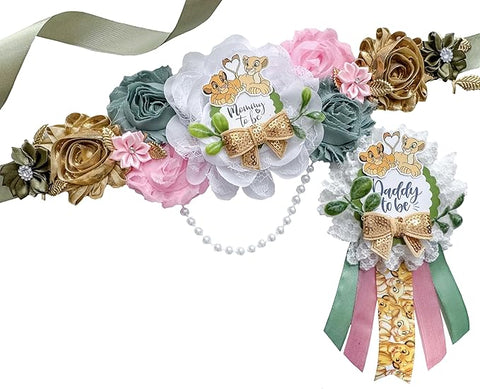 Safari Baby Shower Sash – Lion Mom to Be Maternity Sash with Matching Dad Pin, Jungle Theme Party Accessory