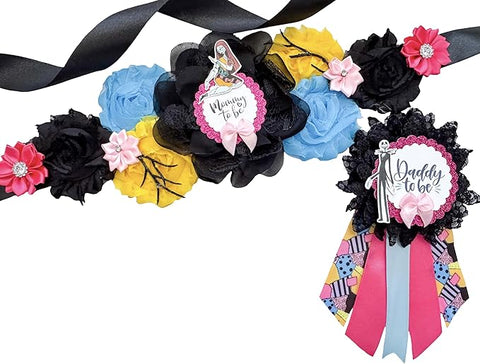 Spooky Baby Shower Sash – Mom to Be Maternity Sash with Matching Dad Pin, Gothic Halloween Party Accessory