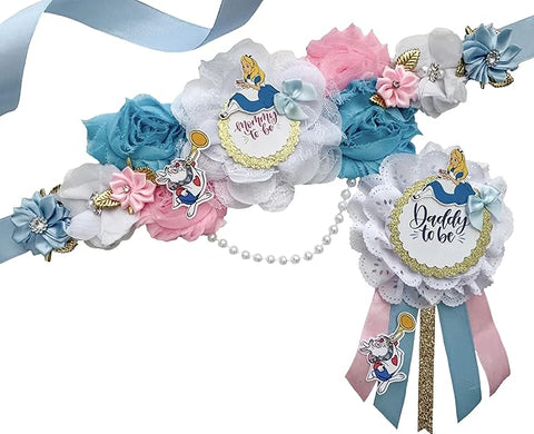 Whimsical Tea Party Baby Shower Sash – Mom to Be Maternity Sash with Matching Dad Pin, Storybook Theme Party Accessory