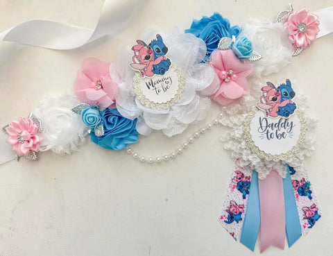 Stitch and Angel Gender Reveal Baby Shower Mommy to be Sash