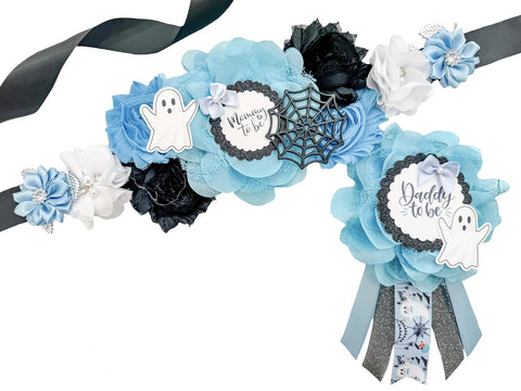 Blue A Boo is Due Ghost  Baby Shower Mommy to be Sash