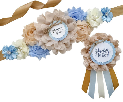 Blue Gold Brown Boho Baby Shower Mom to be Sash