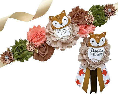 Fox Baby Shower Sash – Mom to Be Maternity Sash with Matching Dad Pin, Woodland Theme Party Accessory