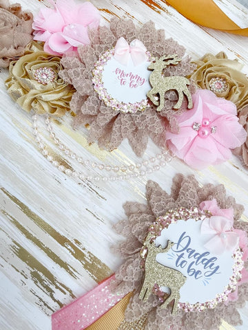 Oh Deer Baby Shower Sash Set – Pink Mommy & Daddy To Be Ribbons with Glittery Deer Theme for Gender Reveal & Holiday Shower