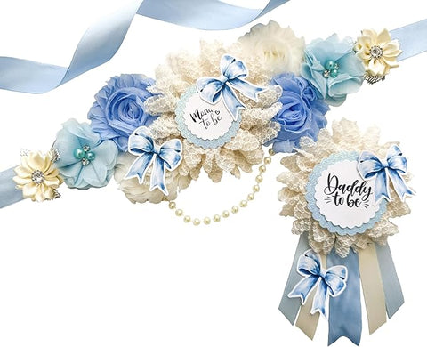 Blue Ribbon Mom to Be Sash & Daddy to Be Pin Set – Blue Baby Shower Decorations, Elegant Lace & Satin Ribbon Keepsake for Parents-to-Be, Gender Reveal Party Accessories