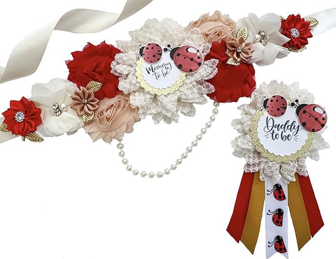 Ladybug Baby Shower Sash – Mom to Be Maternity Sash with Matching Dad Pin, Garden Theme Party Accessory