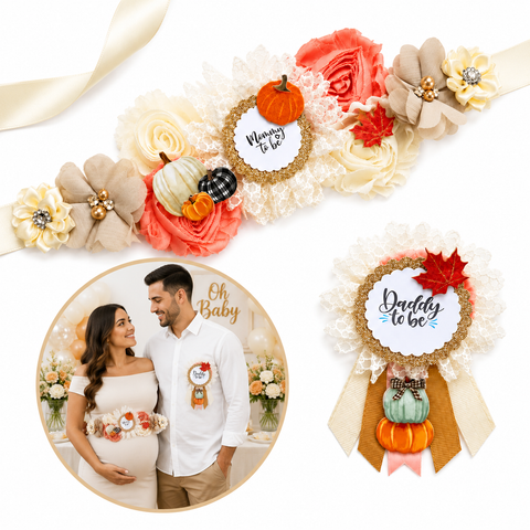 Fall Pumpkin Mommy to Be Sash & Daddy to Be Pin – Autumn Baby Shower Parents-to-Be Set