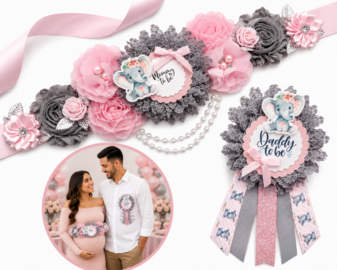 Pink Elephant Mommy to Be Sash & Daddy to Be Pin Set