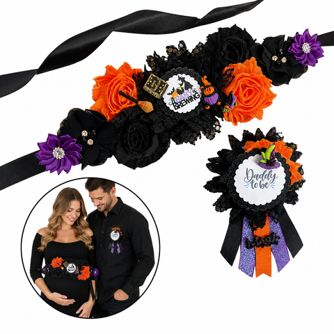 A Baby is Brewing Baby Halloween Shower Mommy to be Sash and Daddy Pin