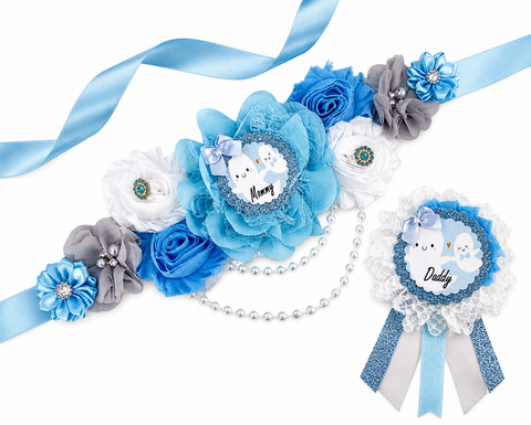 Blue Little Ghost Baby Shower Mommy to Be Sash & Daddy to Be Pin Set