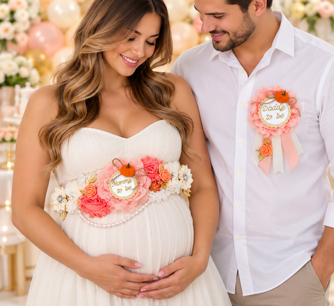 Fall Pumpkin Baby Shower Mommy-to-Be Sash and Daddy-to-Be Pin Set – Pink and Coral Floral Maternity Sash
