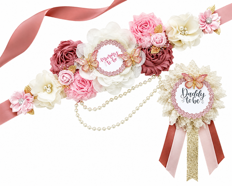 Pink and Gold Butterfly Baby Shower Mommy to be Sash and Daddy Pin