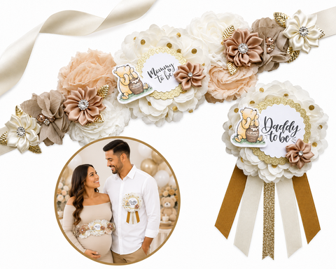 Winnie the Pooh Mommy to Be Sash & Daddy to Be Pin – Neutral Beige Gold Baby Shower Set