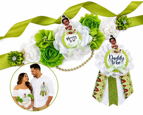 Princess Tiana Frog Mommy to Be Sash & Daddy to Be Pin Set – Green Baby Shower