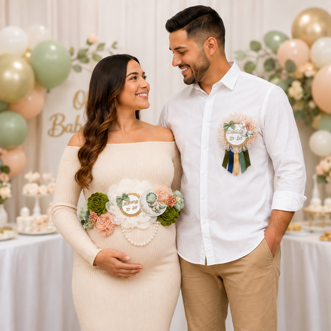 Dinosaur Mommy to Be Sash & Daddy to Be Pin Set – Sage Green & Peach Baby Shower Accessories