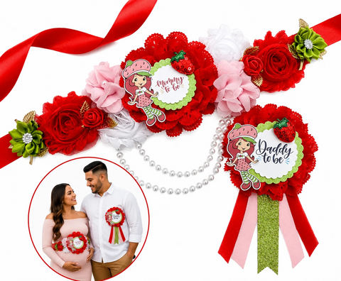 Strawberry Girl Mommy to Be Sash & Daddy to Be Pin – Strawberry Baby Shower Set