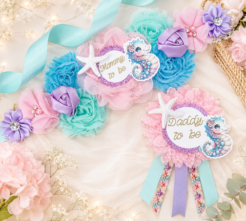 Seahorse Mommy to Be Sash Daddy to Be Pin Set, Under the Sea Baby Shower, Ocean Baby Shower Sash, Seahorse Baby Shower Gift