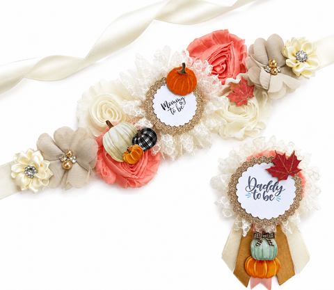 Fall Pumpkin Mommy to Be Sash & Daddy to Be Pin – Autumn Baby Shower Parents-to-Be Set
