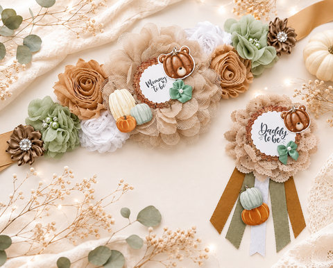 Fall Pumpkin Mommy-to-Be Sash & Daddy-to-Be Pin – Neutral Sage Baby Shower Set