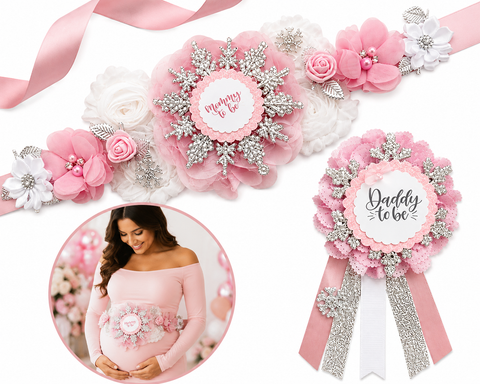 Pink Winter Wonderland Mommy to Be Sash & Daddy to Be Pin – Snowflake Baby Shower Set