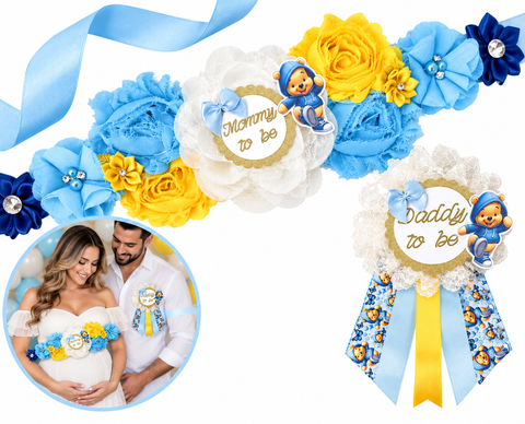 Winnie the Pooh Mommy to Be Sash & Daddy to Be Pin – Baby Shower Set