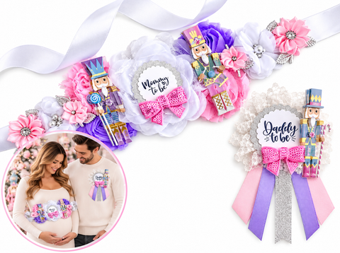 Nutcracker Christmas Baby Shower Badge Set – Mommy & Daddy to Be Floral Pins with Holiday Ribbon