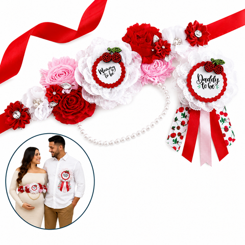 Cherry Mommy to Be Sash & Daddy to Be Pin Set – Red, Pink & White Baby Shower Accessories
