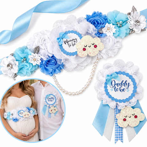On Cloud Nine Baby Shower Mommy-to-Be Sash & Daddy-to-Be Pin | Blue Cloud Baby Shower Set
