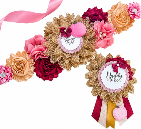 Pink Fall Pumpkin Baby Shower Mommy to be Sash and Daddy to be Pin