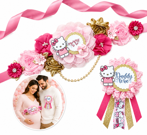 Pink and Gold Kitty Mommy-to-Be Sash & Daddy-to-Be Pin – Baby Shower Set