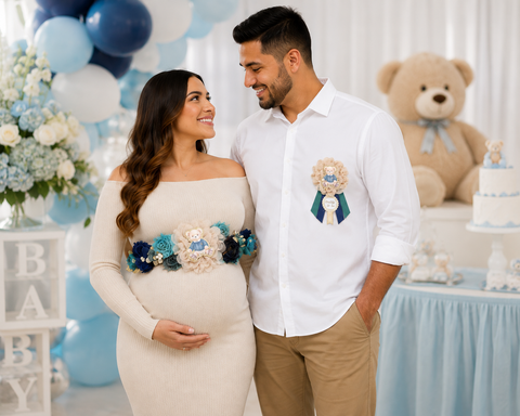 Teddy Bear Mommy to Be Sash & Daddy to Be Pin – Navy, Teal & Gold Baby Shower Set