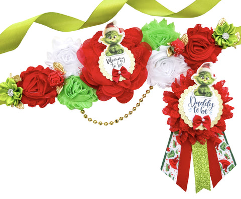 Grinch Holiday Mommy & Daddy to Be Badge Set – Christmas Baby Shower Decorations with Red & Green Floral Accents – Whimsical Santa Theme Party Accessories – Festive Keepsake for Expecting Parent