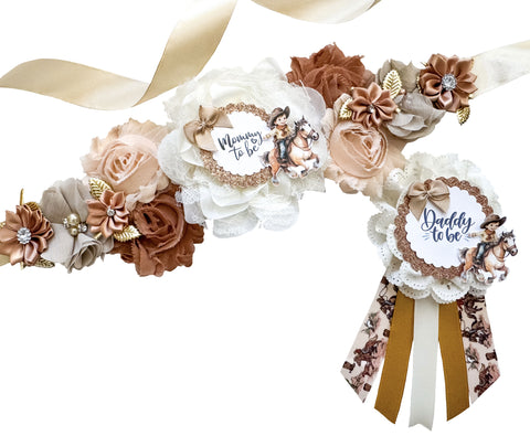 Rustic Western Mommy & Daddy to Be Badge Set – Cowboy Baby Shower Decorations with Horse Theme – Neutral Floral Ribbons with Gold Accents – Gender Reveal Party Keepsake for Parents