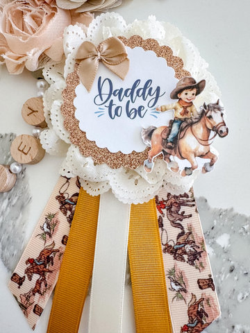 Rustic Western Mommy & Daddy to Be Badge Set – Cowboy Baby Shower Decorations with Horse Theme – Neutral Floral Ribbons with Gold Accents – Gender Reveal Party Keepsake for Parents