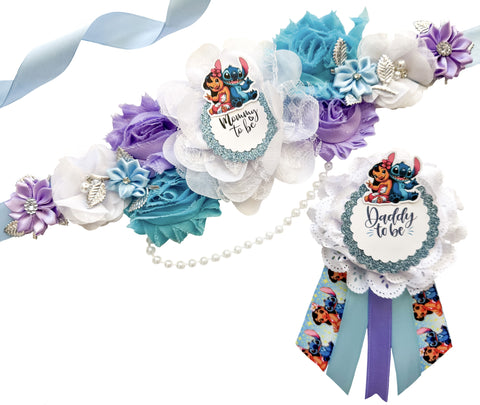 Lilo & Stitch Baby Shower Badge Set – Mommy & Daddy to Be Floral Sash & Pin with Cartoon Stitch & Angel Illustrations