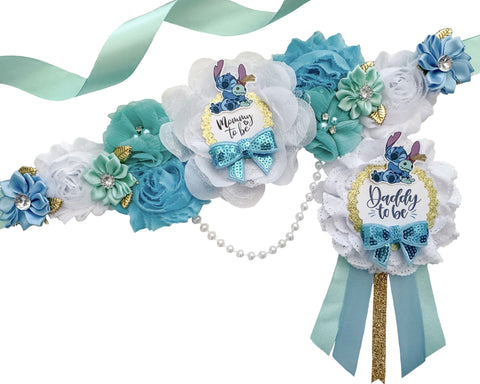 Lilo & Scrump Baby Shower Badge Set – Mommy & Daddy to Be Floral Sash & Pin with Cartoon Stitch & Teal Ribbon Accents
