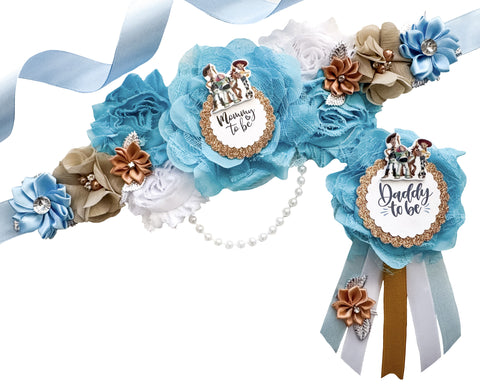 Toy Story Baby Shower Badge Set – Mommy & Daddy to Be Floral Sash & Pin with Cartoon Characters & Gold Glitter Accents