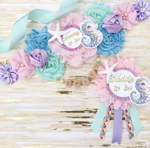 Seahorse Mommy to Be Sash Daddy to Be Pin Set, Under the Sea Baby Shower, Ocean Baby Shower Sash, Seahorse Baby Shower Gift