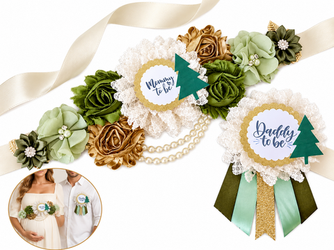 Christmas Tree Mommy to Be Sash and Daddy to Be Pin Set – Green and Gold Winter Baby Shower